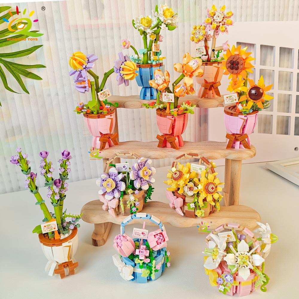 HUIQIBAO MOC Flower Model Micro Building Block DIY Eternal Bouquet Home Desk Desk Plant Decoration Brick Girl Gift Children Toy