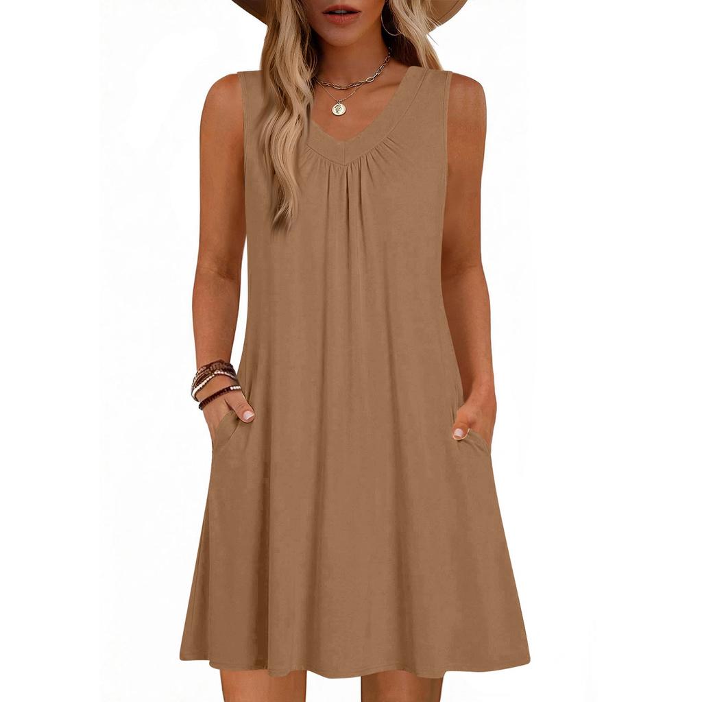 Women's Fashion Color Summer Sleeveless V-neck Vest Pocket Casual Loose Dress