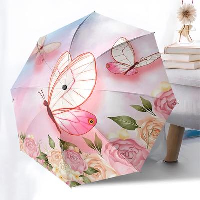 1PC Butterfly Flowers Umbrella-8-Rib Reinforced Portable Folding Travel Suitable for All Seasons Outdoor Daily -Z0457