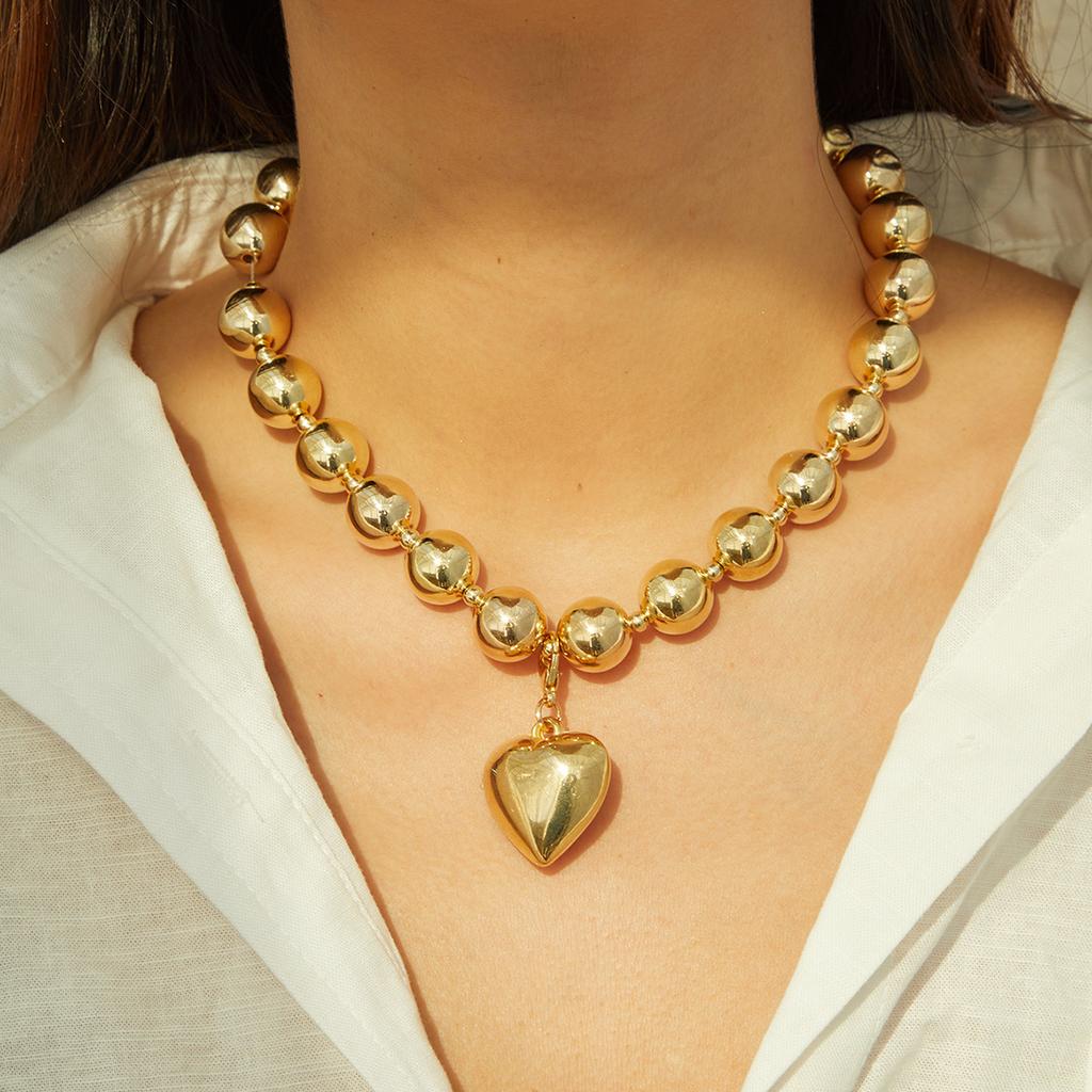 Personalized Cyberstyle Multi-layer Round Bead Peach Heart Necklace
