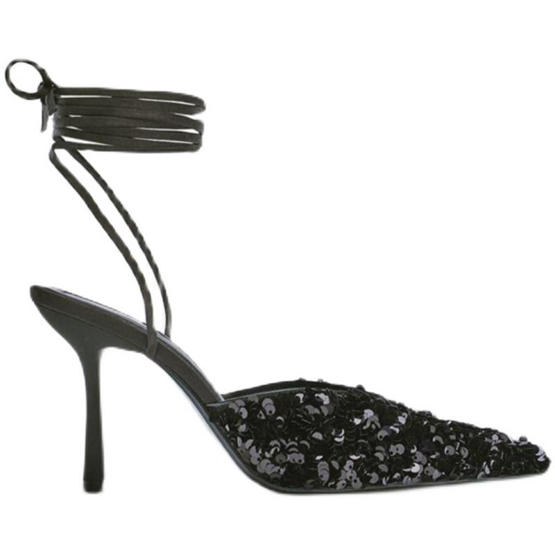 New Black Sequins Pointed Toe Women Pumps Fashion Stiletto High Heels Woman Slingbacks Party Dress Shoes Women Sandalias Female