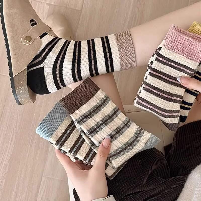 Yifan Micro-Pressure Maillard Striped Mid-Calf Women's Spring & Autumn Trendy Korean Dress