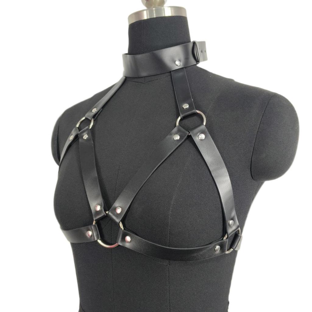 Leather Gag & Nipple Clamps Chain - Women's Erotic Restraint Clothing & Props