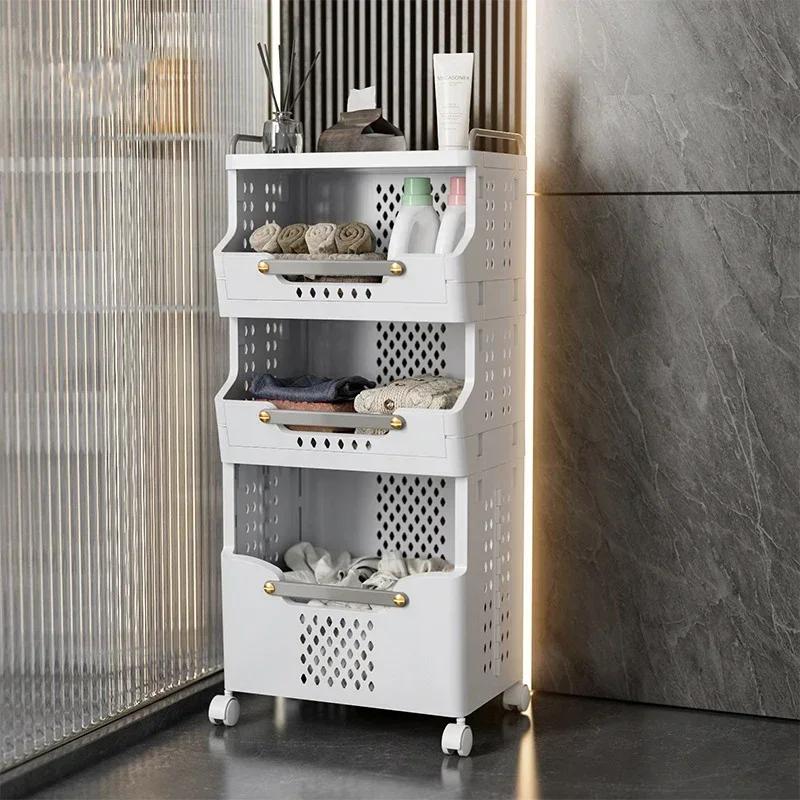 Dirty Clothes Basket Fold Plastic Move Toilet Storage Frame with Wheel Hollow Out Design High-capacity Household Storage Racks