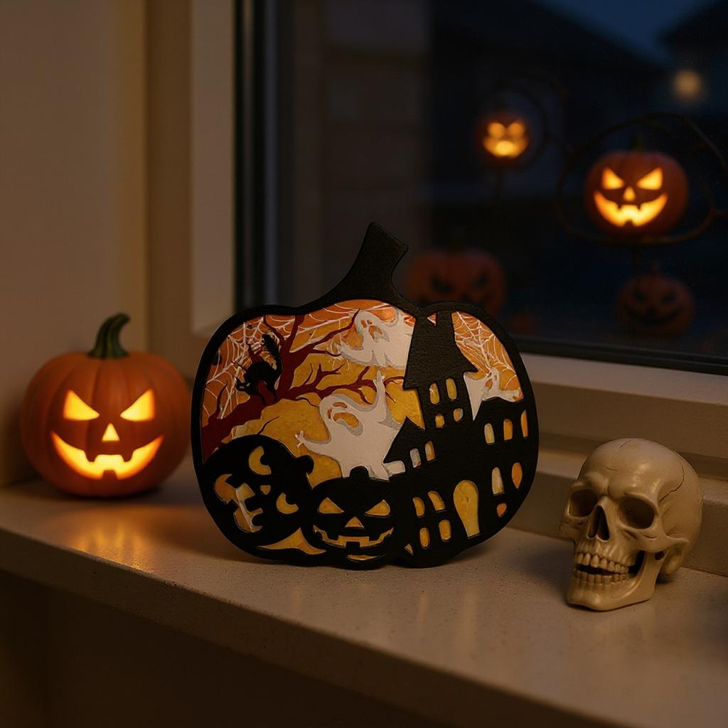 Halloween Pumpkin Wooden Ornament, American Holiday Party 3D Hollow Decoration Atmosphere Ornament