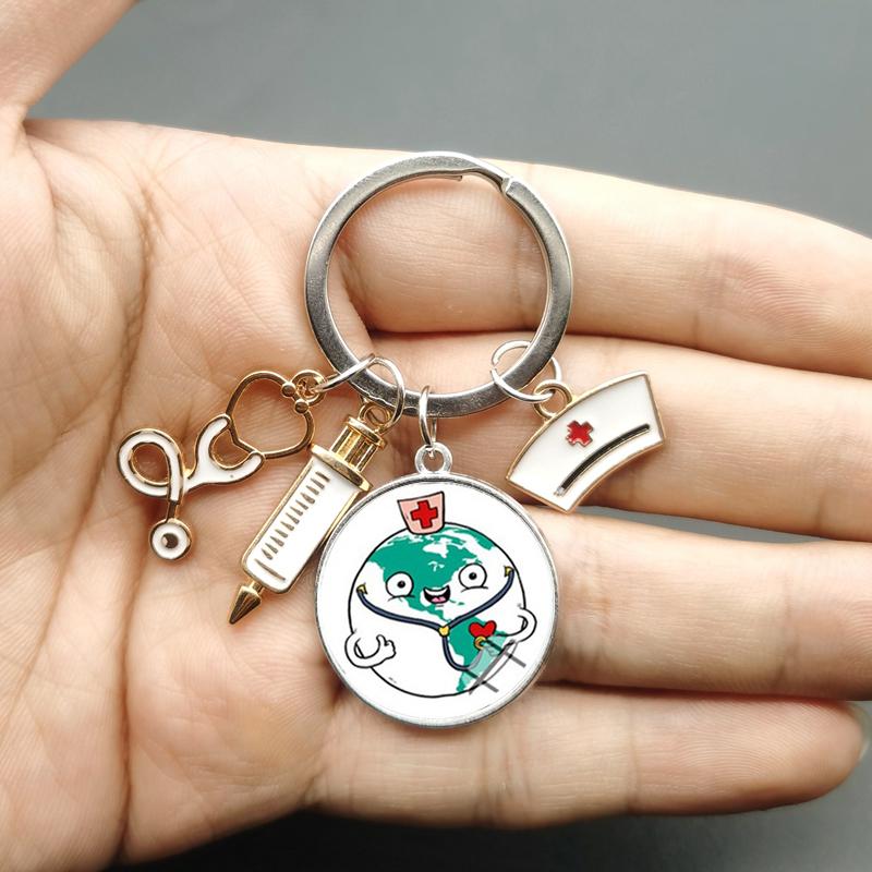 Paint Fashion Creative Nurse Medical Syringe Stethoscope Image Keychain Glass Suitable Nurses and Doctors Key Ring Pendant Gift