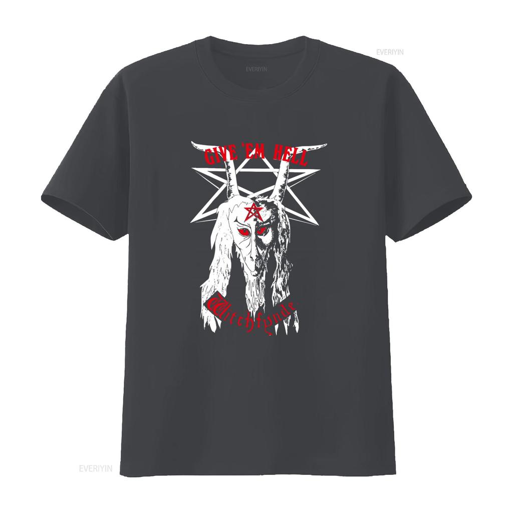 Witchfynde Give Em Hell Gothic T-Shirt Mit Pentagramm Und Ziegenkopf Design Vintage Unisex Freizeit Leicht Vielseitig