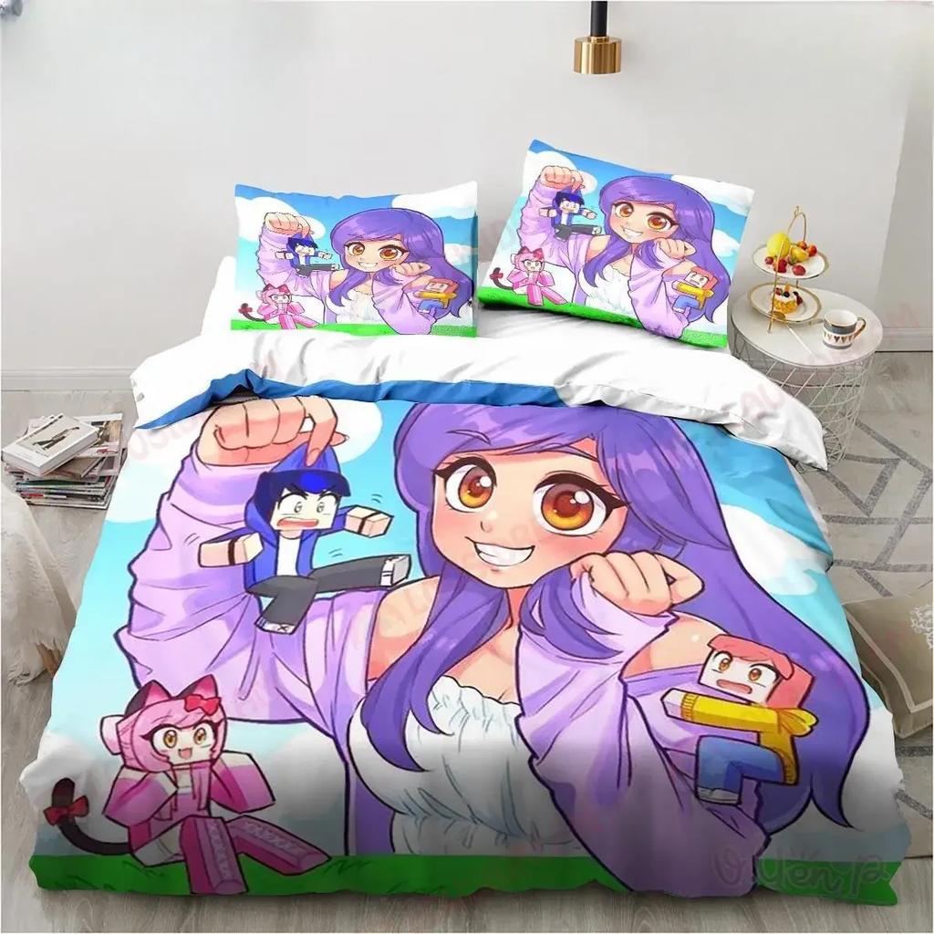 3D Print Cute Aphmau Bedding Set Game Cartoon Aphmau Duvet Cover Set Single/Twin/Double Size Child Bedding Set Soft Polyester