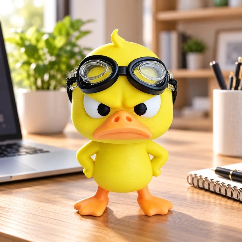 3D-Printed Angry Duck Decors, 2 Plastic Goggles-Wearing Figurines with Frowning Expression for Home or Office Desks, Shelves, and Display Cabinets