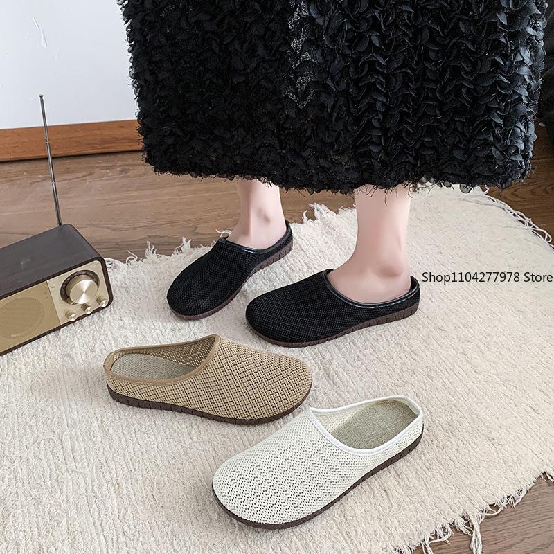 Mode Einfarbig Quadratische Zehenpartie Mesh Slipper Flache Damenschuhe Weiche Sohle Strick Ballerinas Schuhe Lässige Slipper Bootsschuhe