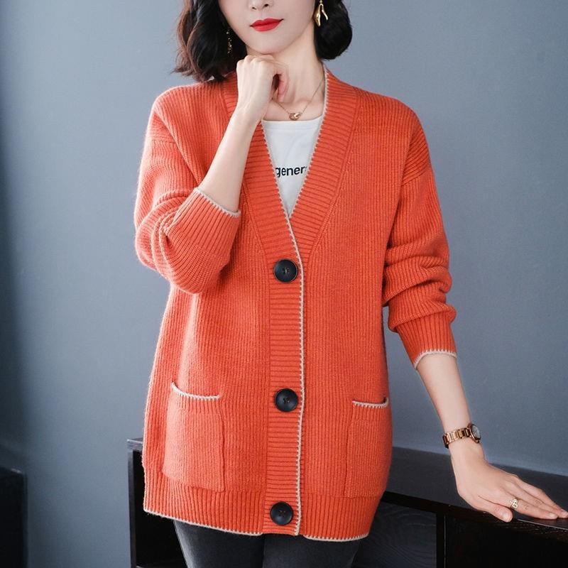 

Autumn middle-aged and elderly women s clothing fashion casual contrasting color knitted cardigan v-neck loose large size sweater jacket women 48-231 (average size) помаранчевий
