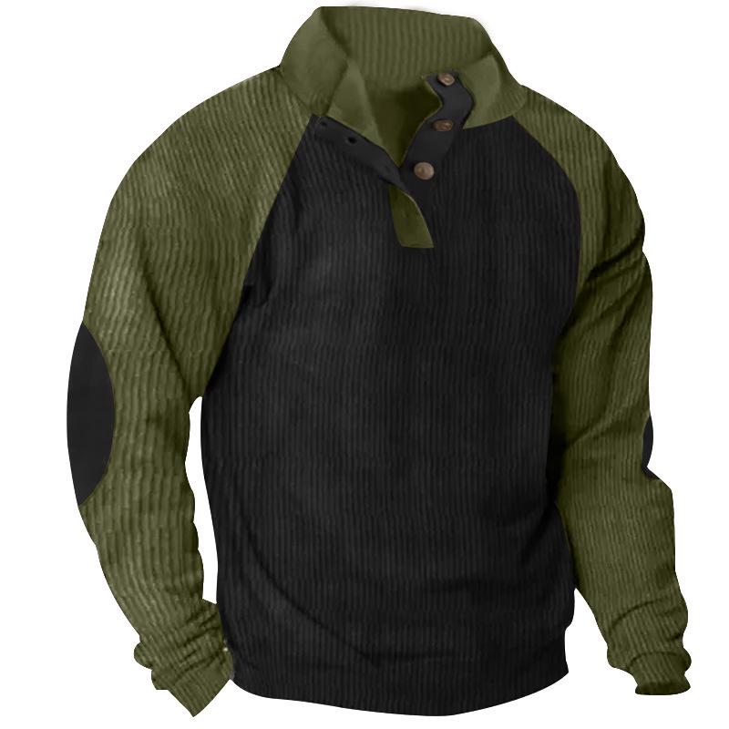 Men's Corduroy Color Block Stand Collar Hoodie - Casual Long Sleeve Top for Spring and Autumn