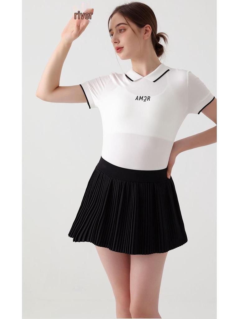 Damen Tennisrock mit hohem Bund: Fake zweiteiliger plissierter Sport-Skort mit integrierten Shorts.