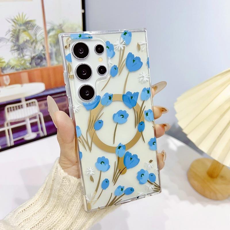Magsafe Magnetic Shell Spring Flowers Suitable for Samsung S25 Ultra Mobile Phone Case S24plus Electroplated Transparent 23
