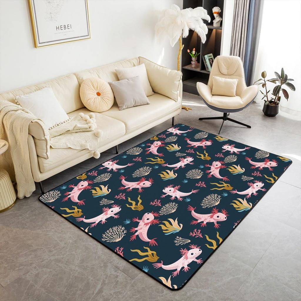 Erosebridal Cartoon Axolotl Area Rug 5x7 for Kids Boys Girls Bedside, Kawaii Axolotl Indoor Floor Mat Non Slip, Cute Reptiles Fish Sea Weed