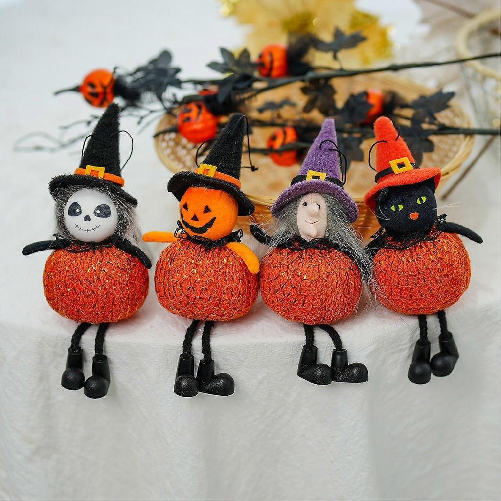 4PCS Halloween Decorations Gold-Threaded Pumpkin Witch Figurine Mini Hanging Ornaments