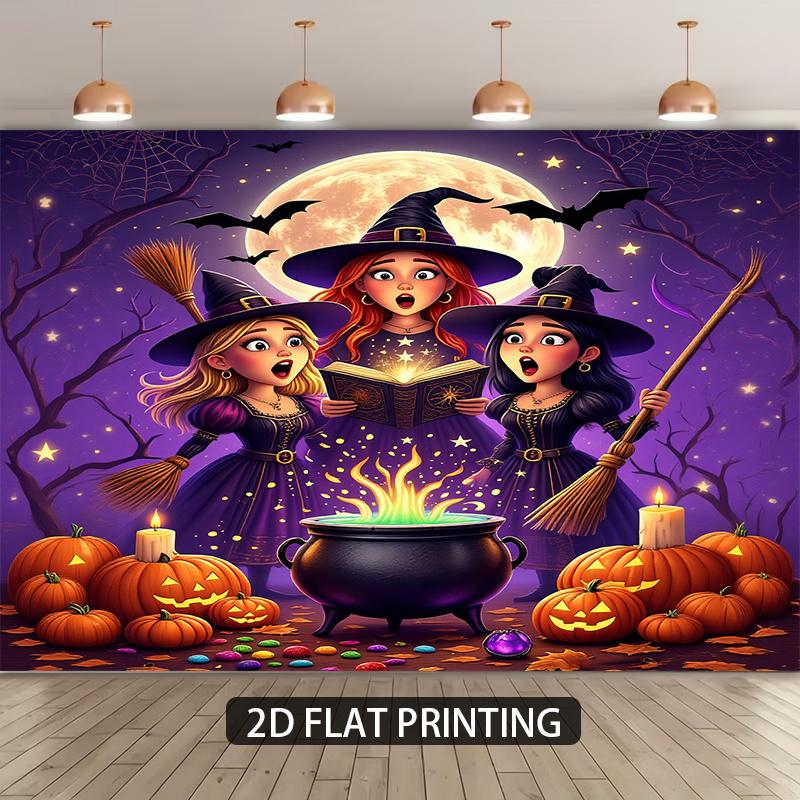 Two-dimensional plane Halloween horror banner featuring glowing crucibles pumpkin lanterns and fluttering bat patterns 100x150cm