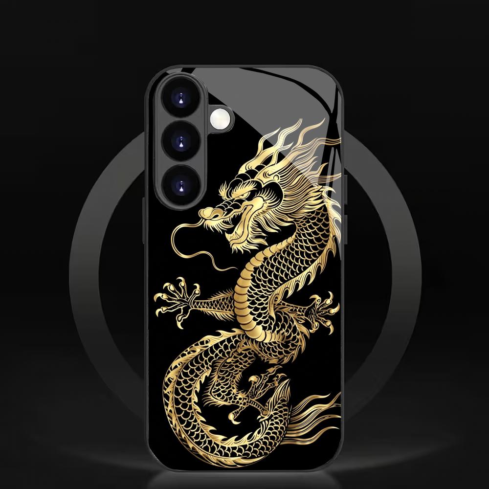 Golden Dragon Design Black Glass Phone Case Suitable for Samsung GalaxyS26 S25 S24 S23 S22 S20FE/Ultra/Plus Anti Drop Back Cover