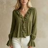 Damen Langarm Casual Bluse Lockerer Schnitt Rüschenbesatz V-Ausschnitt Hemd Glockenärmel Leichtes Oberteil für den Alltag