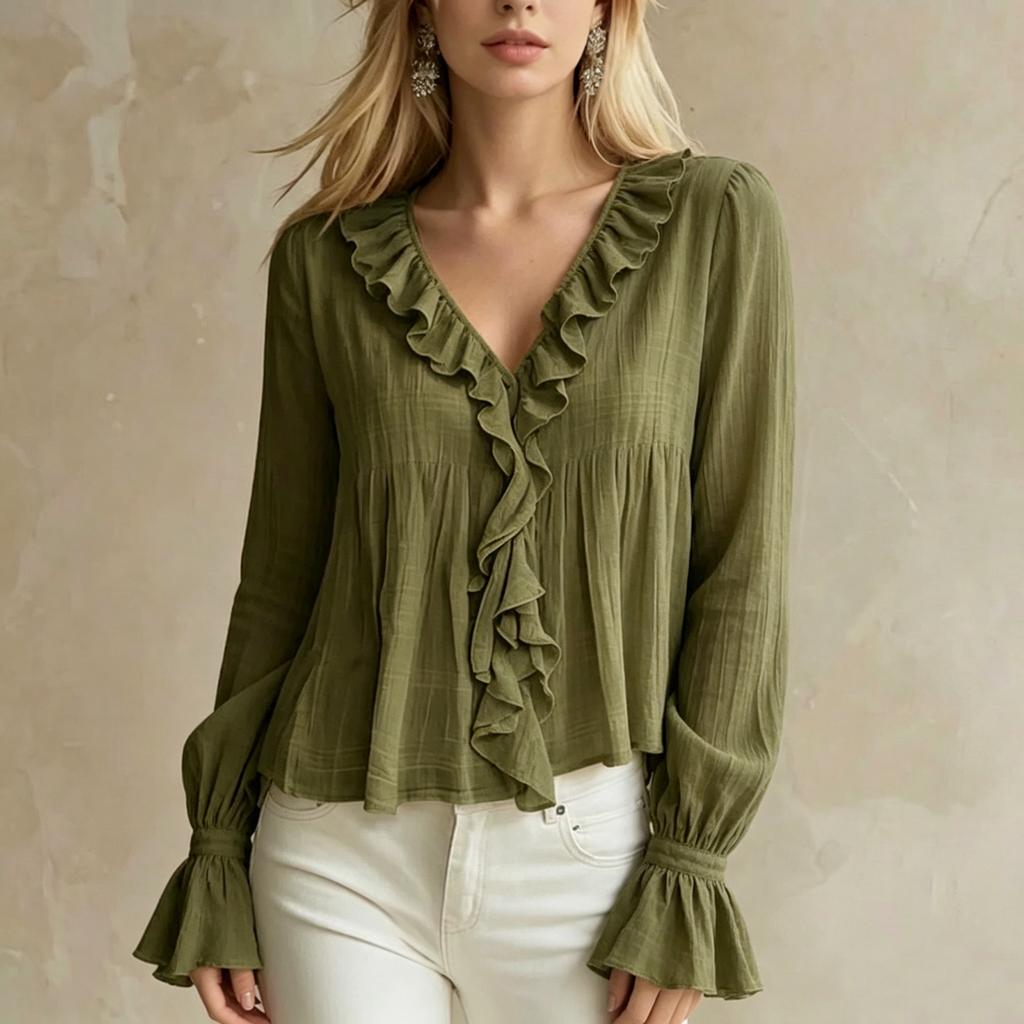 Damen Langarm Casual Bluse Lockerer Schnitt Rüschenbesatz V-Ausschnitt Hemd Glockenärmel Leichtes Oberteil für den Alltag