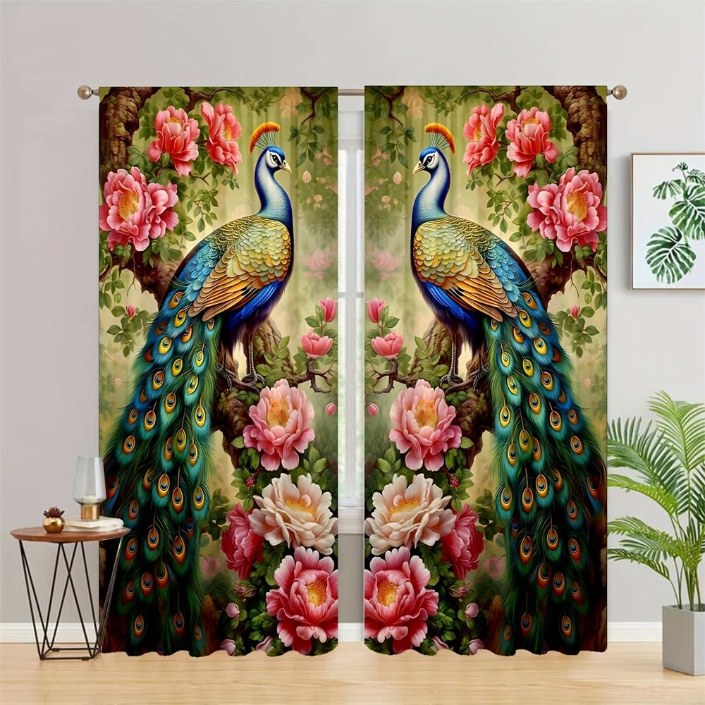 Beautiful Blue Golden Peacock Animal Window Curtains Blinds For Living Room Kids Bedroom Bathroom Kicthen Door Home Decor2Pcs