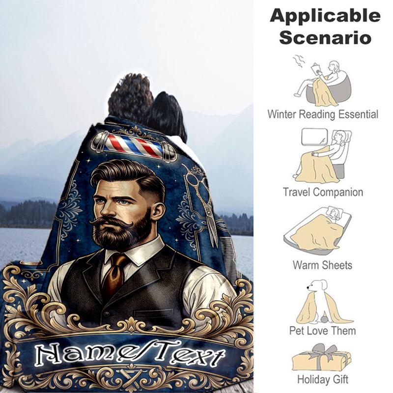 1PC Custom Name Barber Shop Vintage Style flannel blanket versatile,all-season throw suitable for the living room,bedroom,camping,travel,and gift