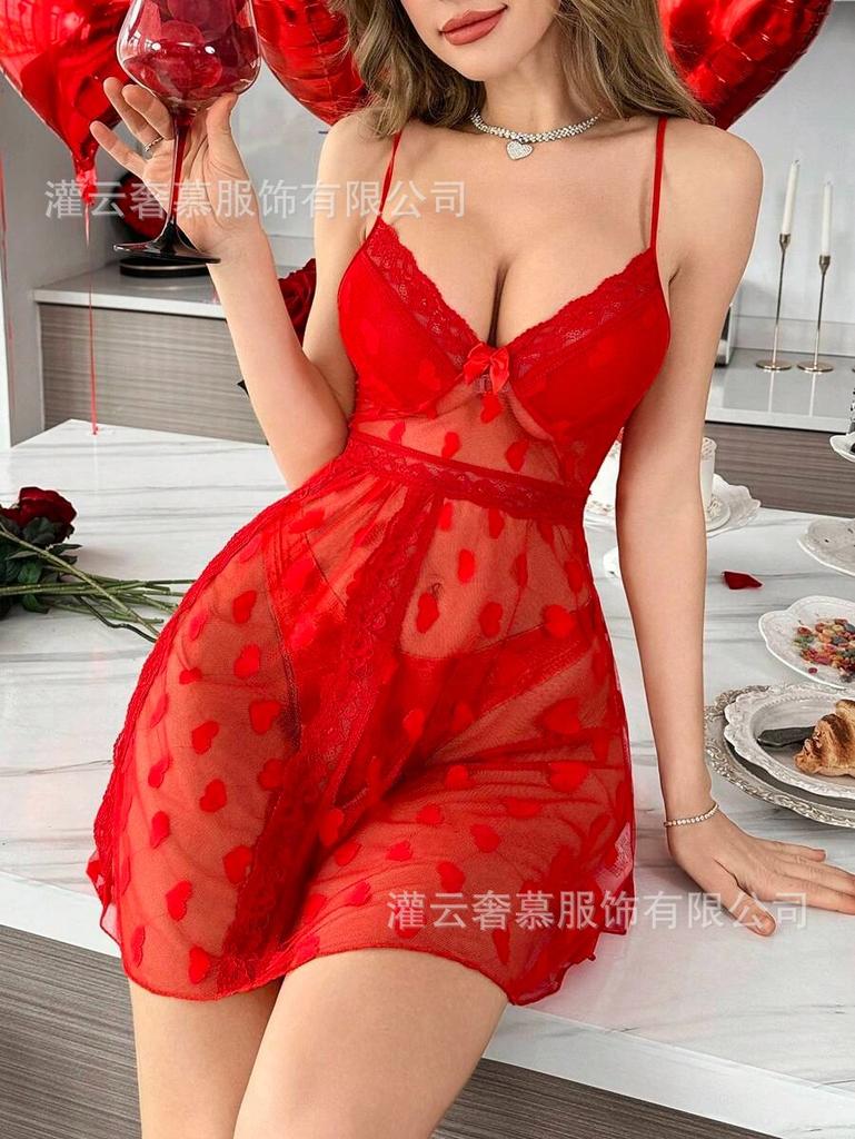 New Love Mesh Nightdress European and American Sexy Lace Perspective Suspender Nightdress Women's Sexy Pajamas