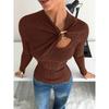 Women's Spring Fall Long Sleeve Asymmetrical Draped T-Shirt with Metal Button Accent Cutout Detail Soft Casual Layer Top