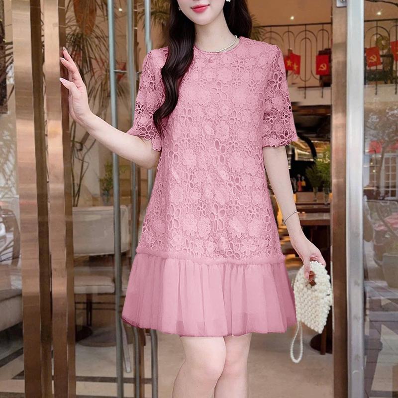 ZANZEA Women Casual Round Neck Short Sleeve Patchwork Lace Crochet Dress