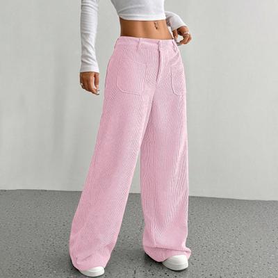 Women Pants Low Rise Zipper Button Fly Straight Wide Leg Long Pants with Pockets Solid Color Ribbed Leisure Trousers