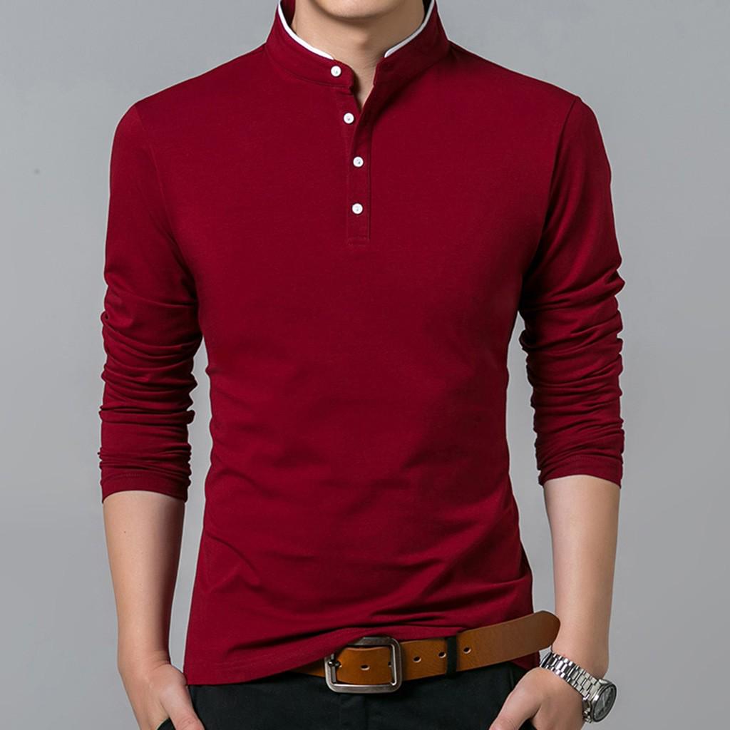 Men's New Fashion Standing Collar Men's Long Sleeve T-shirt  Blouse Top