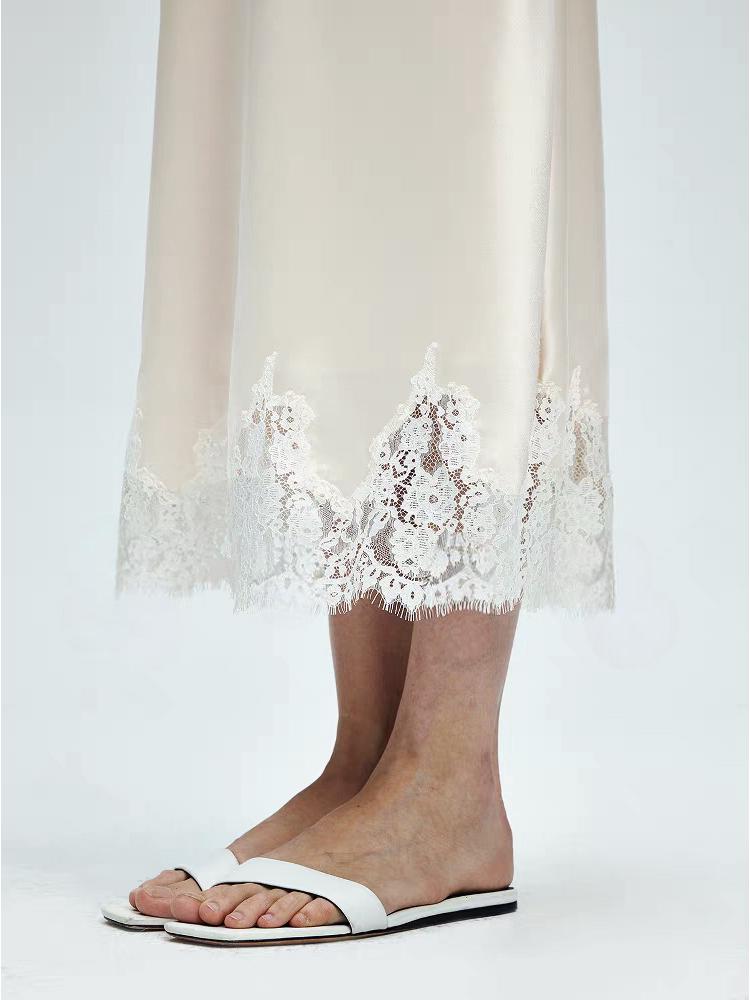 Glossy Satin French Lace Trim Midi A-line Skirt with Elastic Waist