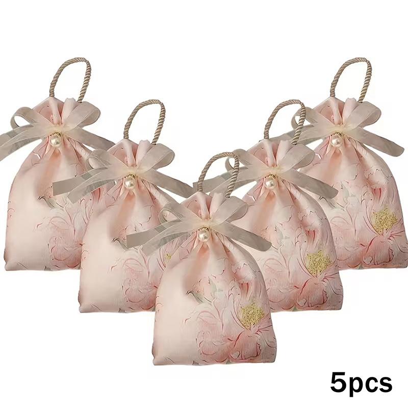 

5 Pieces Elegant Floral Drawstring Gift Bags With Pearl Embellishments And Ribbon - Perfect For Weddings, Birthdays, Holidays