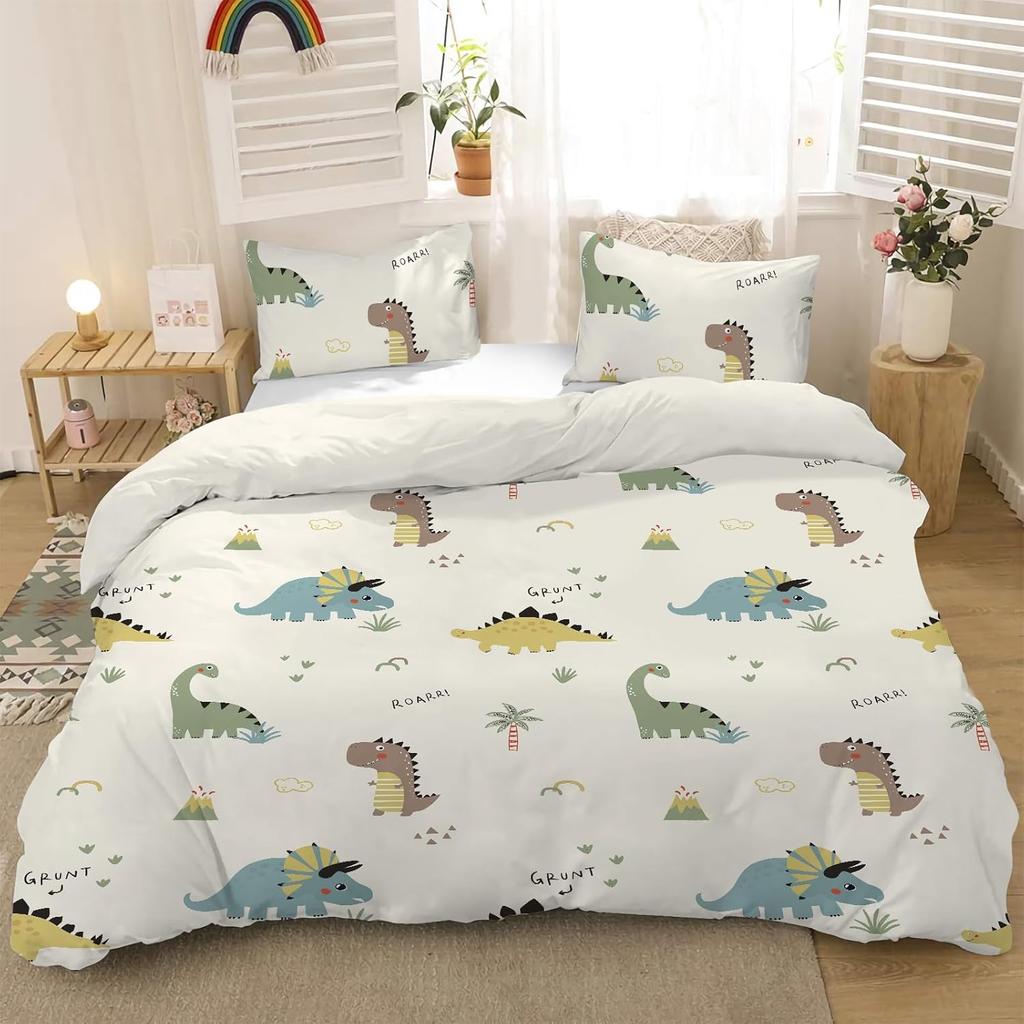 Dinosaur Duvet Cover Set Kids Boys Girls Cartoon Animal Bedding Set Ultra Soft Reversible 3 Piece Quilt Covers Double
