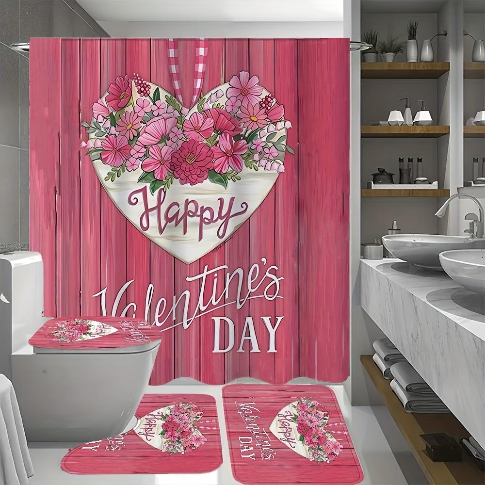4Pcs Bathroom Shower Curtain Set Pink Flowers Bathroom Curtain With 12 Hooks Non Slip Rugs Toilet Cover Mat Bathroom Partition