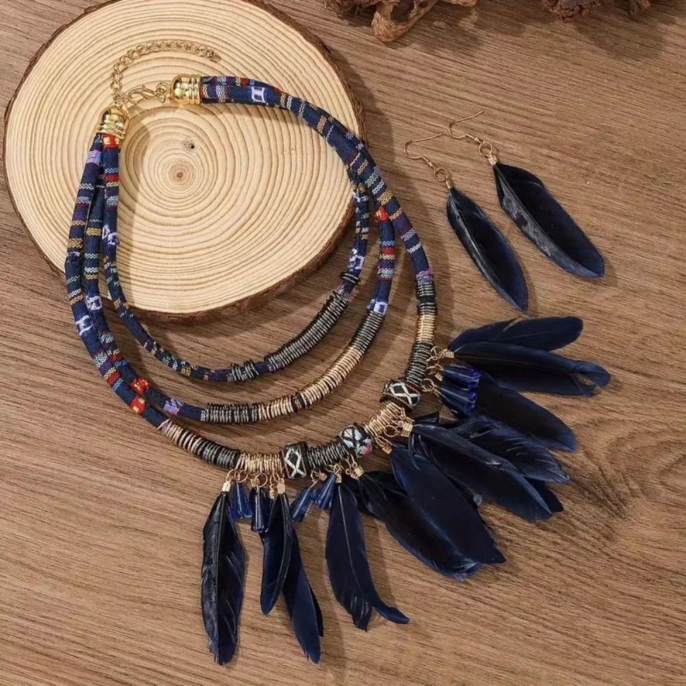 Fashion Feather Tassel Necklace Vintage Ethnic Jewelry Set Bohemian Necklace  Dating Accessories