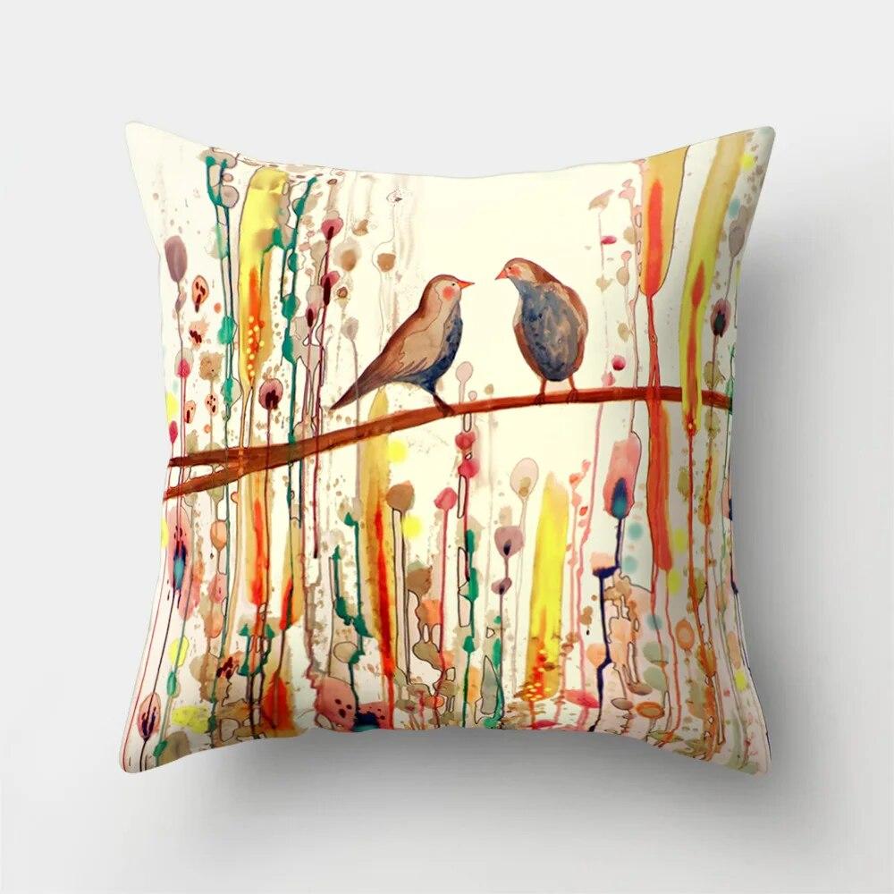 45x45cm Vintage Flower Pillow Case Decor Blue Painting Flower Bird Pillowcase Polyester Cushion Cover for Sofa Car Home