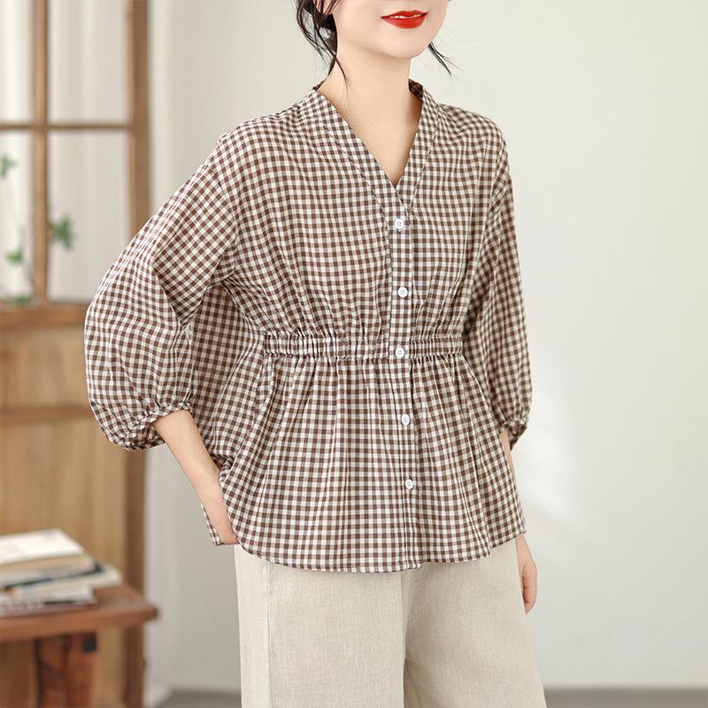 

2026 Artistic Linen Checkered Top: Women s Loose, Stylish Pullover with Waist Decoration Large XL