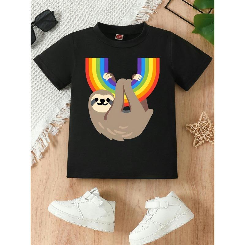 European Sizes Cute and Fun Sloth Print Short-sleeved T-shirt with a Rainbow Design, a Trendy Summer Top, Suitable for Girls.