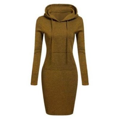 Women's Fashion Autumn Winter Solid Color Print Long Sleeve Hooded High Waist Casual Dresses
