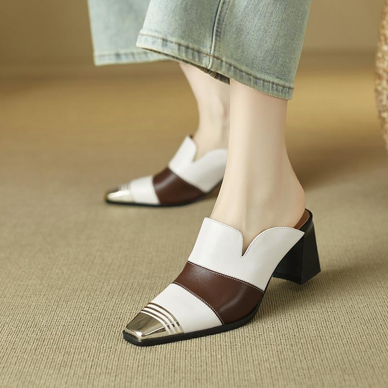 Fashion 2025 New Ladies Genuine Leather Metal Head Mules Fashion Med Chunky Heels Summer Wedges Slippers Women Casual Office Shoes Woman