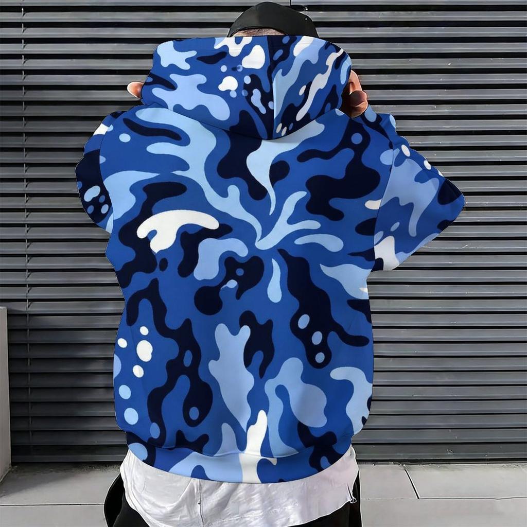 Men Plus Size Beige Printed Hoodie Long Sleeve Drawstring Pullover With Kangaroo Pocket
