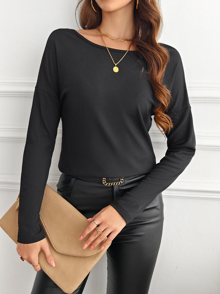 Women's Solid Color Back Splicing Butterfly Flower Rib Long Sleeve T-shirt Tops for Women Versatile Closet Essential Fashion Items Shirt