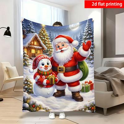 2D Flat Printing 1pc Cozy Snowy Night Santa And Snowman Printed Blanket Single-Sided Printed Fleece Material Suitable for Napping