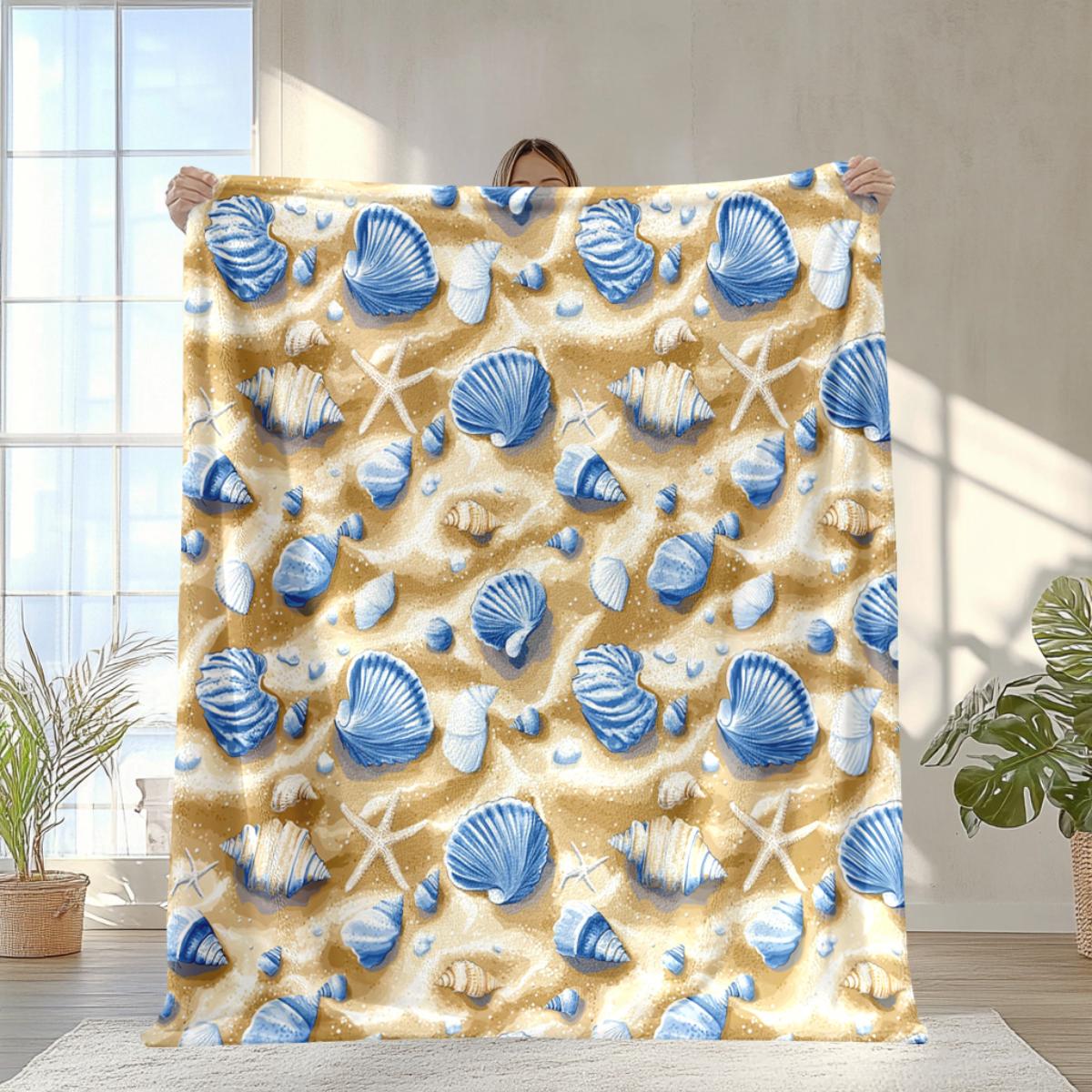 

Beach seashell pattern flannel blanket soft and warm perfect for sofas beds chairs camping and as a holiday gift for boys 75x100cm