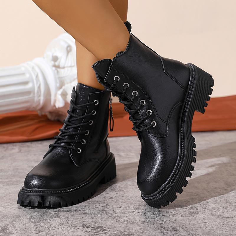 White Black PU Leather Ankle Boots Women Autumn Winter Round Toe Lace Up Shoes Woman Fashion Motorcycle Platform Botas Mujer