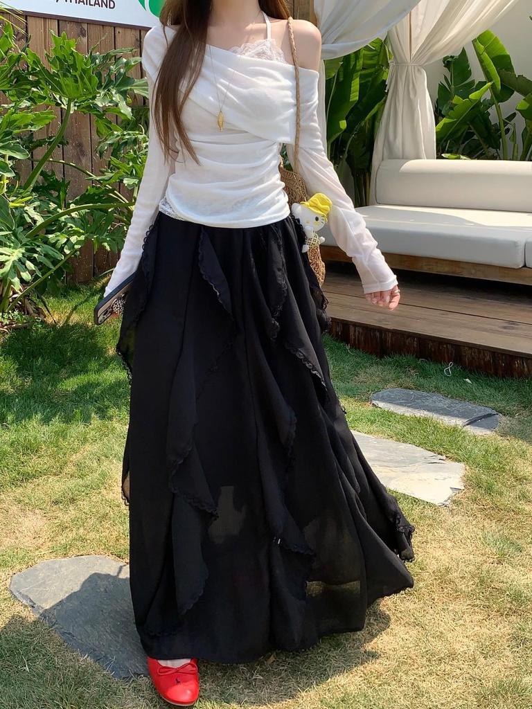 Lace Splice Two-Piece Set: Loose Top & Irregular Ruffle Skirt for Spring/Summer