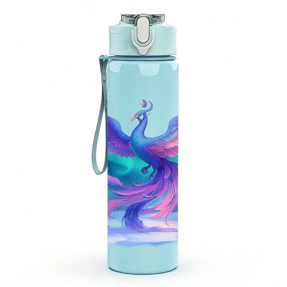 1PC Gradient Phoenix Bird Fantasy Art Print 750ml Color Plastic Sports Water Bottle Leakproof Flip Straw Lid Suitable for Sports Office Home Use