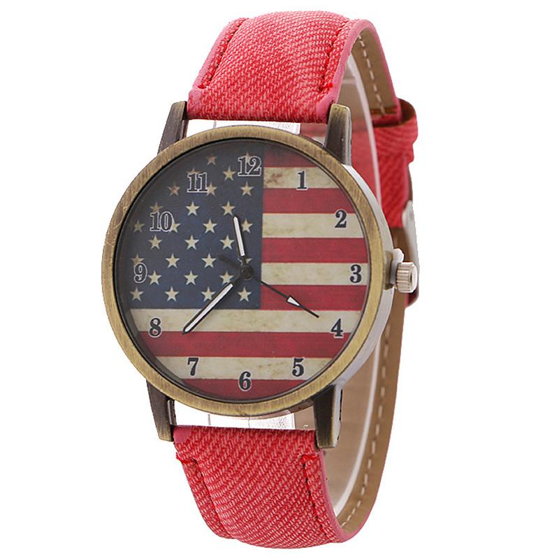 Vintage British Style Quartz Watch With Denim Band And American Flag For Unisex Casual Wear