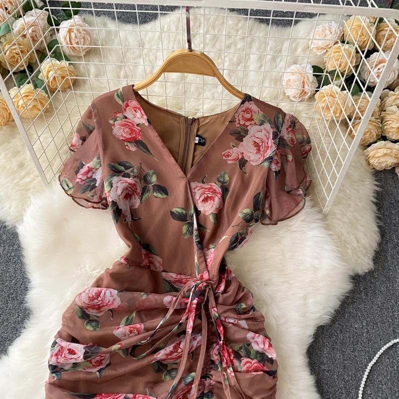 Chic Drawstring Bodycon Short Sleeve Vneck Dress Wrap Dresse Fashion Vestidos Women Vintage Spring and Autumn Trumpet Dress